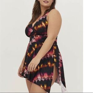 Torrid Black Pink Asymmetrical Abstract Pattern Swim Dress 2X or 18/20